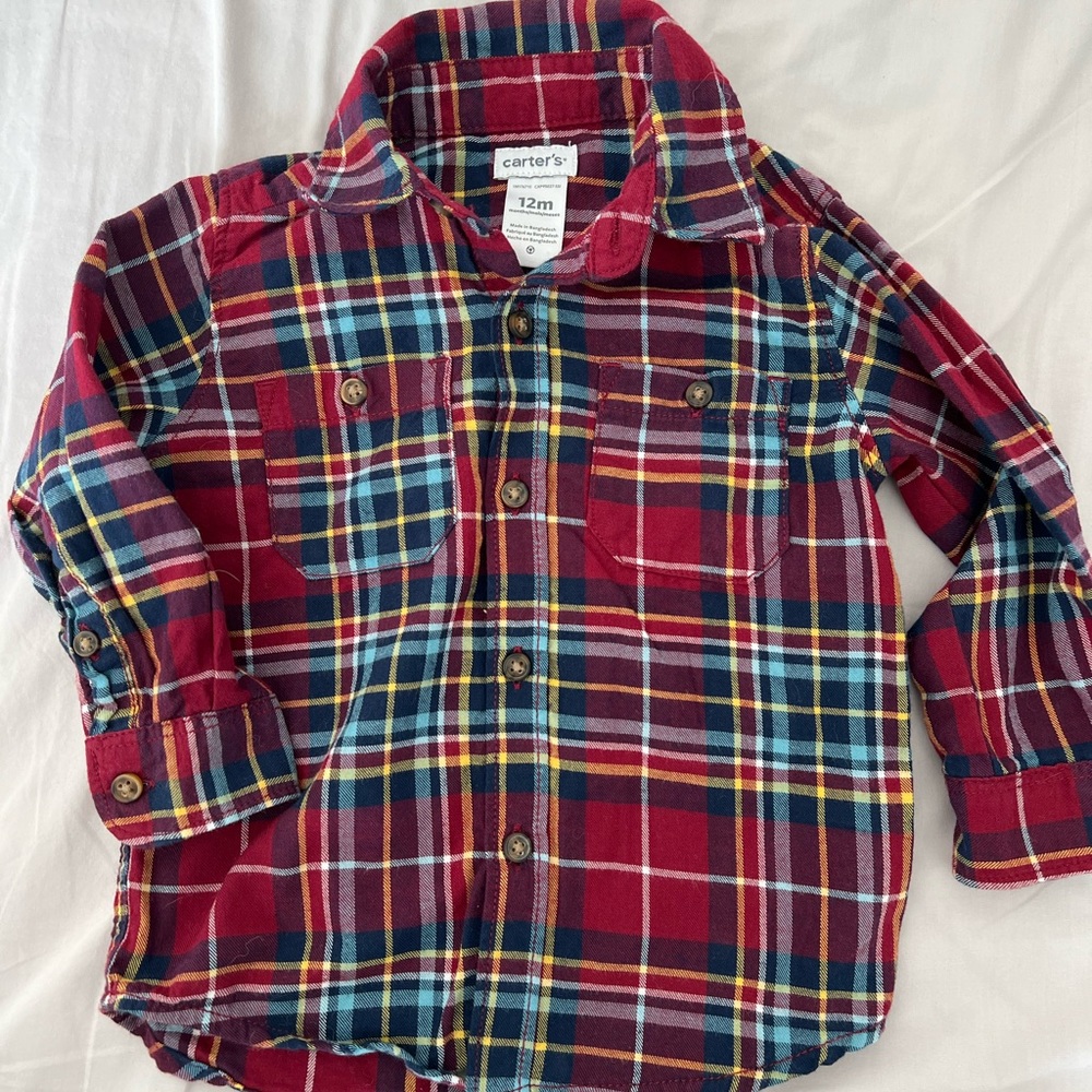 Caterers red flannel button up, size 12 months, like new wore once, smoke free